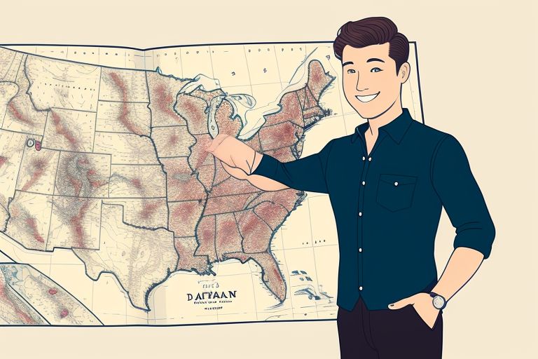 A man pointing to a map of the United States, showcasing various state locations.